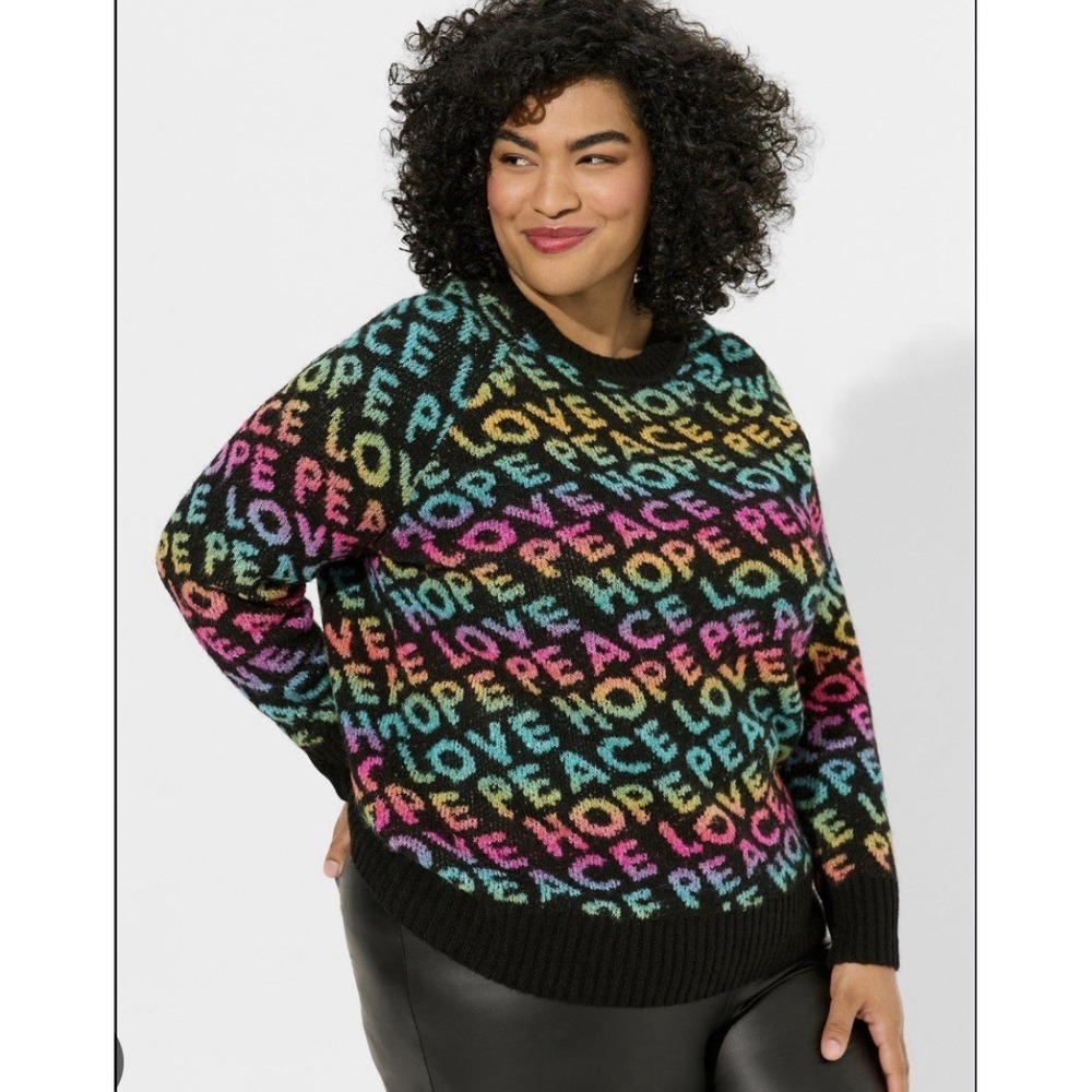 Torrid Peace Love Sweater Women 2 Black Rainbow Colorful Knit Vegan Cashmere